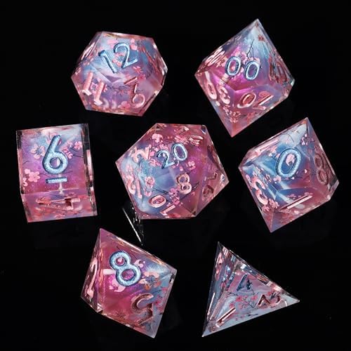 Mini Planet D&D Sharp Edge Polyhedral Liquid Core Cherry Blossom Dungeons and Dragons 7 Pcs Handmade Dice Set - 3