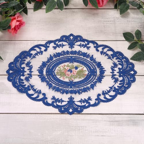 sourcing map 3 Pcs Retro Lace Placemats, 12x17-in Vintage Table Doilies Oval Embroidered Crochet Lace Dolly Cup Mat for Table Vase Home Decor, Sapphire Blue