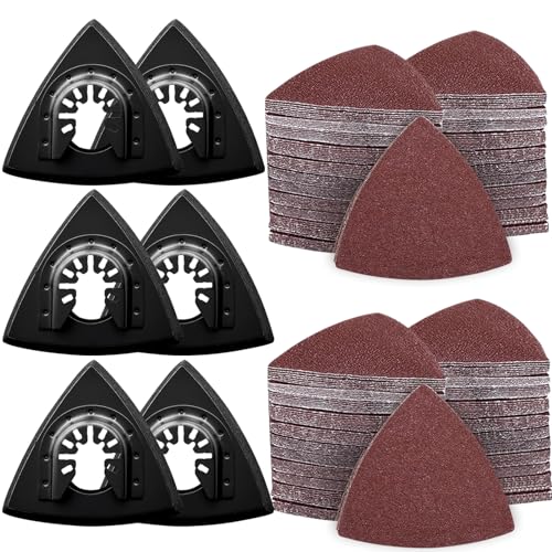 Image of 136Pcs Oscillating Tool Sanding Pad Kit, Contains 6Pcs Triangle Sanding Pads and 130Pcs Multitool Sandpaper, 60 80 100 120 240 Grits Oscillating Multi Tool Sandpaper Great for Wood&Plaster Polishing