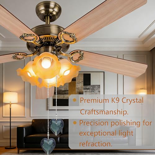 Image of 2Pcs Crystal Ceiling Fan Pull Chain Extender with Connector, 12 inch | K9 Crystal Glass, Not Acrylic, Heart Prism, Cut-To-Length Adjustable, Snap-On Connector For Fan, Light, Lamp (Black)