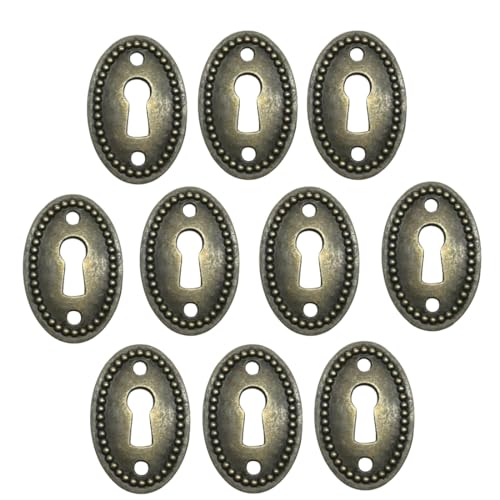 UPEYXDQR Oval Stamped Antique Brass Decorative Keyhole Cover Plate, Keyhole Escutcheon Plate for Cabinet, Door, Dresser, Drawers, Desk Furniture Hardware 10 Pack - Image 3