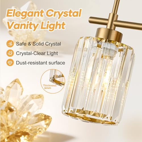 Image of Modern Crystal Bathroom Vanity Light, 3-Light Brushed Gold Bathroom Light Fixtures with Clear Shades, Vanity Lighting Fixtures Over Mirror (Exclude Bulb)