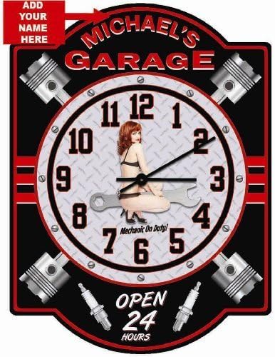 Garage Personalized Hardboard Pin Up Girl Orange Clock Sign from