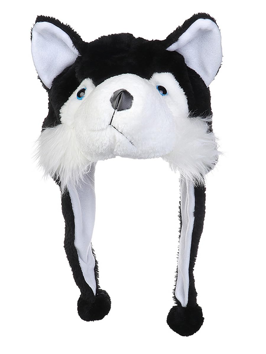 VPbao Plush Headgear Hat, 2-in-1 Hat with Ear Flaps Scarf Set, Funny Cartoon Animal Cap for Costume Party - Comfortable Soft Warm Novelty Unisex Headwear Props Black Wolf — image 1