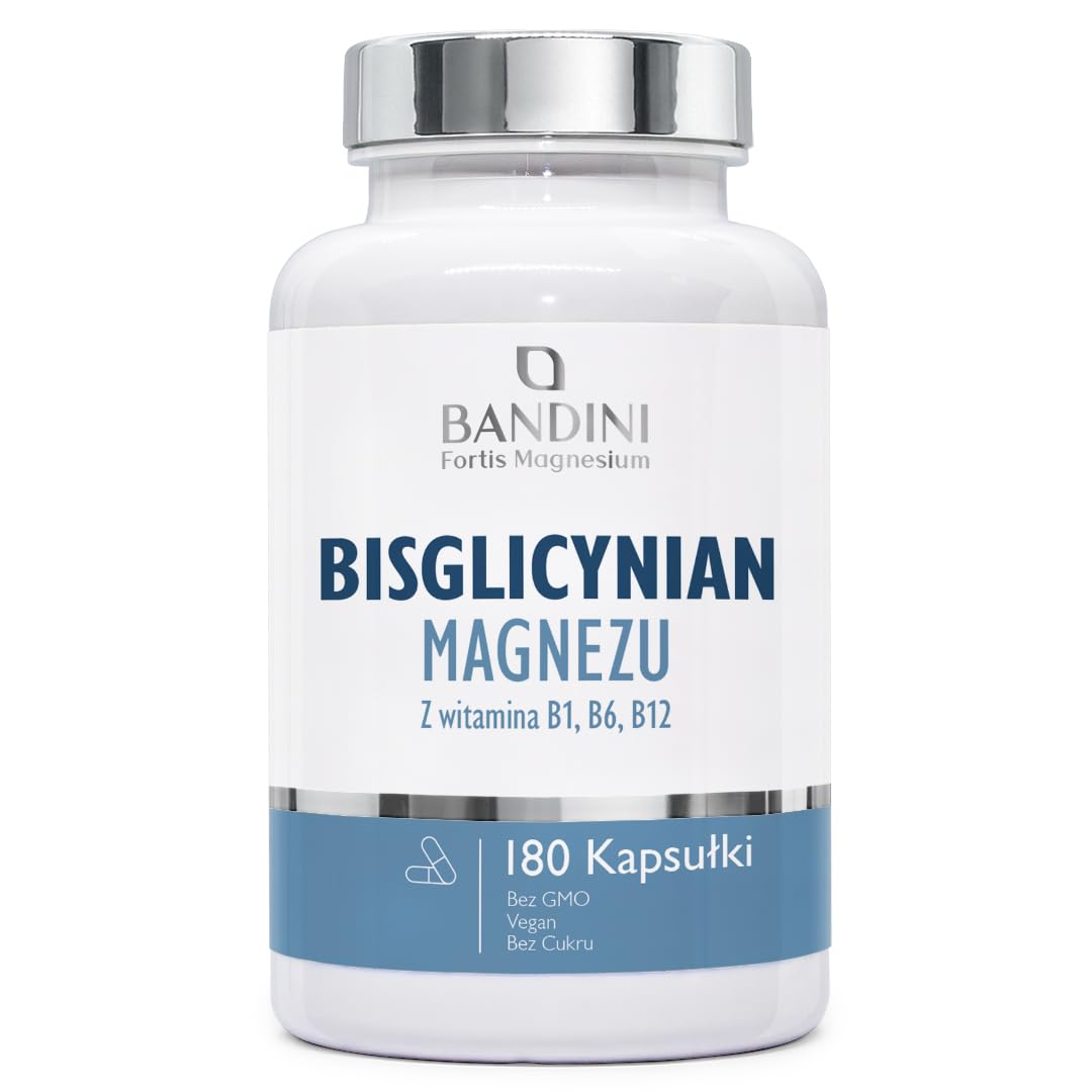 Bandini® Bisglicynian magnezu 350mg | 180 Kapsułek z witaminami B1, B6, B12 | 2-miesięczny zapas | Glicynian magnezu wysoka jakość i biodostępność | Suplement mięśniowy, układ nerwowy, stres, kości | Chelat na dawkę wzbogacony witaminą B1, B6, B12, przeci