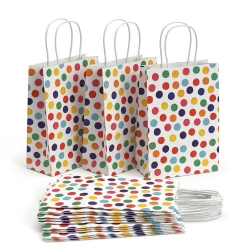 Paquete de 15 Bolsas de Regalo, Puntos de Colores, Bolsas de Papel Kraft con Asas, 16 x 8 x 22 cm, Bolsitas de Regalos en Kraft para Bodas, Fiestas, Cumpleaños Infantiles, Celebraciones