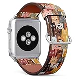 (Adorable Cats Wallpaper Pattern) Patterned Leather Wristband Strap for Apple Watch Series 4/3/2/1 gen,Replacement for iWatch 38mm / 40mm Bands