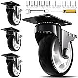 Caster Wheels, 4 Inch Heavy Duty Casters, 2400lbs Capacity (Set of 4) - Industrial Swivel Wheels with Dual-Locking Brakes, Silent & Non-Marking for Workbenches, Carts, Furniture
