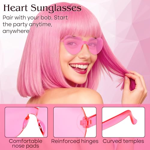 Image of PLULON Pink Bob Wig with Bangs, Short Straight Bob Wig with Heart Sunglasses 12 Inch Shoulder Length Heat Resistant Synthetic Hair Cap for Women Natural Look Daily Use Cosplay Halloween Costume Party