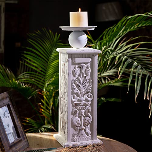 18" Tall Floor Candle Holders For Pillar Candles, Handmade White Large Solid Wood Candle Holder Handcarving Distressed Finish, Decorative Farmhouse Candle Stand For Home Wedding Housewarming Decor #TOP5