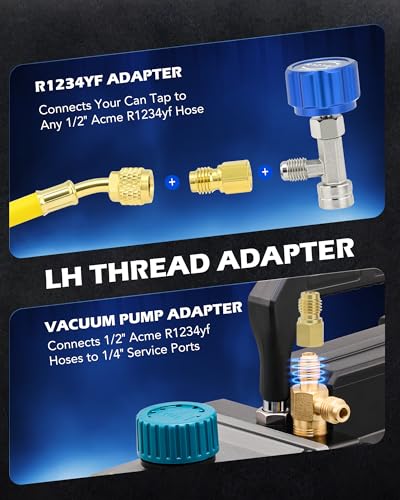 Image of Orion Motor Tech R1234yf Self Sealing Can Tap, for Self Sealing R1234yf Refrigerant Recharge, Self Sealing R1234yf Refrigerant Dispenser with 1 /4 inch to LH Threading 1 /2 inch Adapters for Refilling AC System