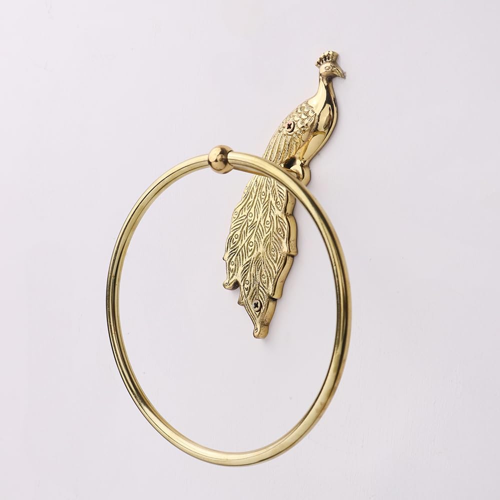 IndianShelf Decorative Peacock Gold Hand Towel Ring Premium Brass Towels Holder for Bathroom Bronze Hand Towel Holder Bathroom Wall