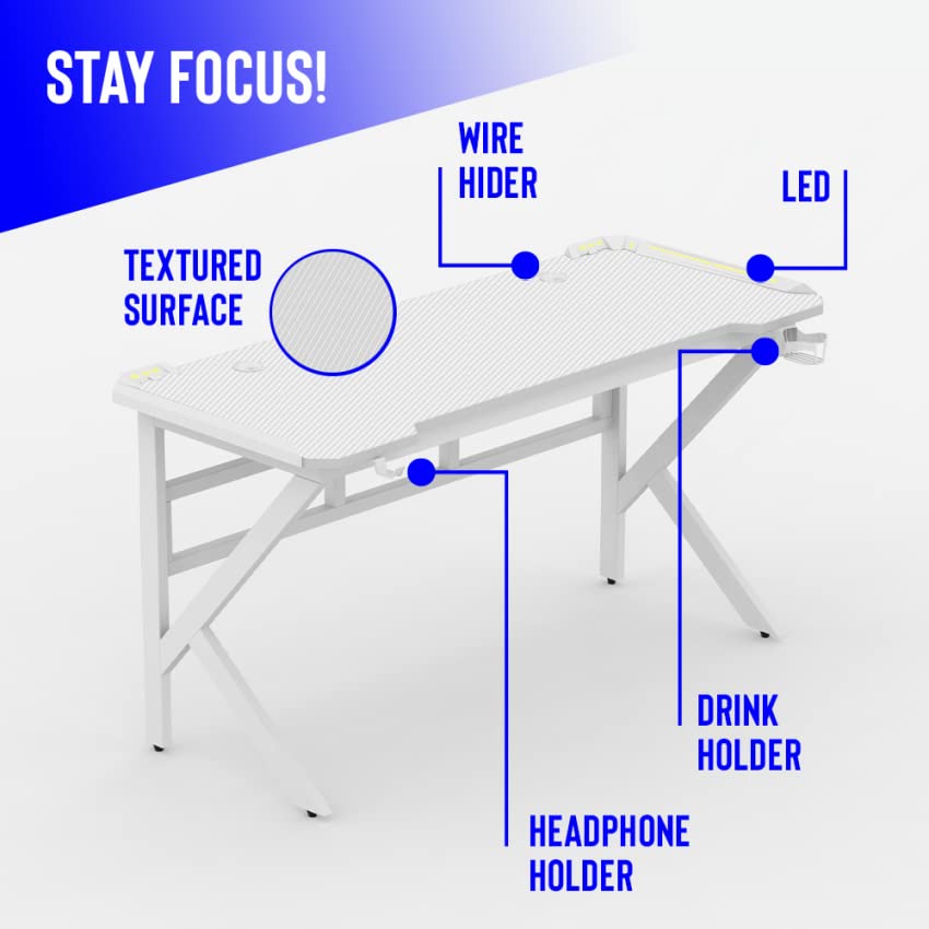 Produce Shop Mesa Gamer LED de Carbono con Soporte para Auriculares y Bebidas 120x60 Sportbot LED 120 - Blanco