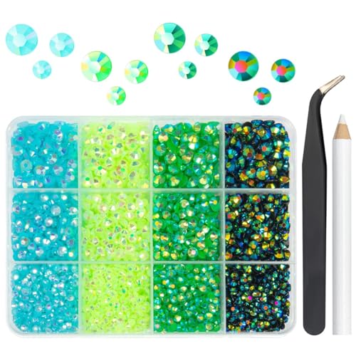 qiipii Green Jelly Resin Rhinestones Bulk 3mm 4mm 5mm Flatback Fresh Green Emerald Green Stones for Crafting Non-Hotfix Peacok AB Resin Gems Diamonds for Nails Eyes Face Makeup Tumblers DIY Crafts