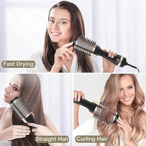 Image of 24K Gold Styling Surface Hot Brush 3 in 1 One Step and Styler Volumizer for Straightening, Curling, Salon Negative Ion One Step Styler, Hot Air Blow Brush for Women Golden One step Best Gift Your Partner (Gold PLATED DRAYER)