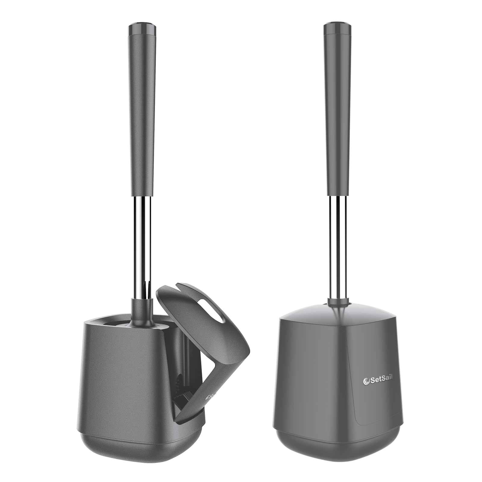 SetSail Toilet Brush and Holder 2 Pack, Self Closing Lid Toilet Bowl Brushes Holder and Extra Long Handle Ventilated Toilet Brush Set for Bathroom Cleaning, Nylon Bristles, Grey