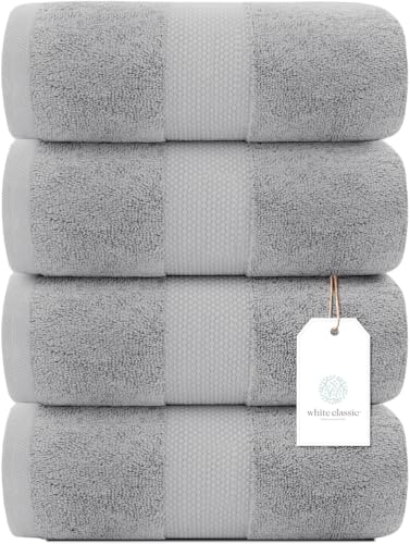 Image of White Classic Luxury Bath Towels Set of 4 Large - 700 GSM Cotton Ultra Soft Bath Towels 27x54 | Highly Absorbent and Quick Dry | Hotel Towels for Bathroom Luxury, Plush Shower Towels, Dolphin Gray