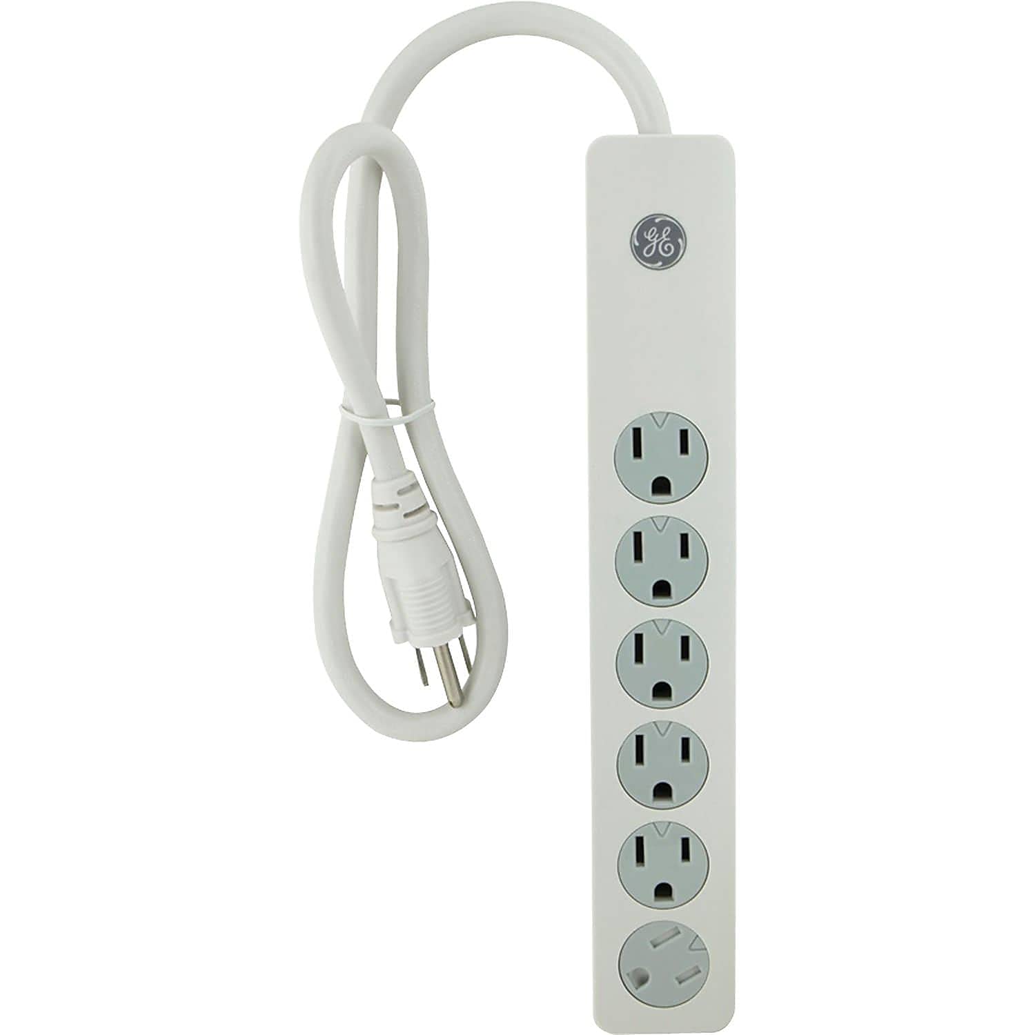 GE 6-Outlet Surge Protector, 3 Ft Extension Cord, Power Strip, Twist to Close Outlets, 450 Joules, Heavy Duty Plug, UL Listed, White, 14089