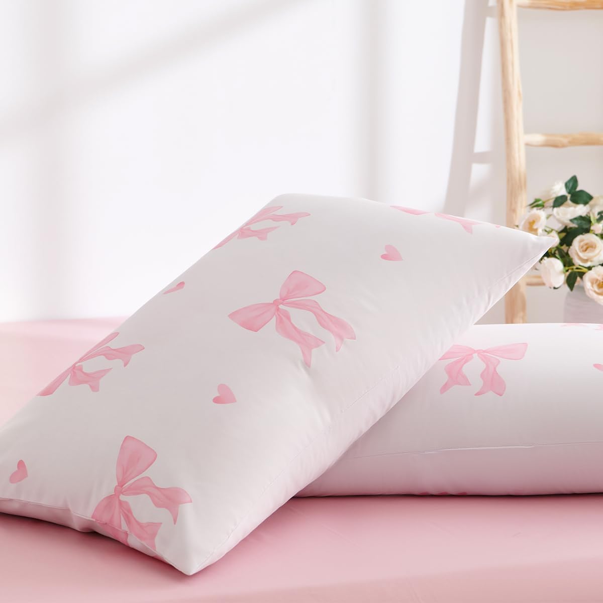 Bow Bedding Duvet Cover Queen 3Pcs Pink Heart Bedding Set for Girls Kids,Cute Princess Style Bowknot Love Heart Design,Ultra Soft Comforter Cover with 2 Pillowcases(No Comforter)