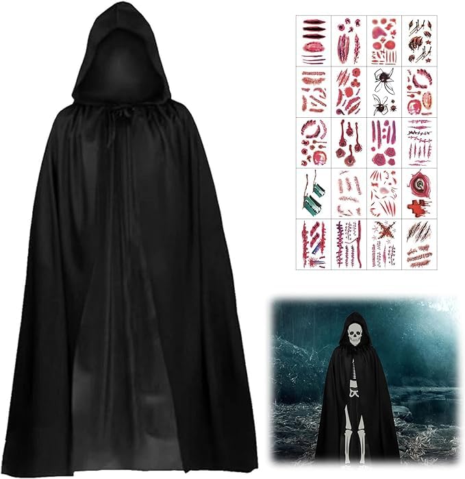 JOKILY Jogo de fantasia de Halloween, 120 cm capa preta com capuz, capa preta com capuz com 20 tatuagensHalloween, fantasia de vampiro, decoração de festas, disfarce de capa para Halloween