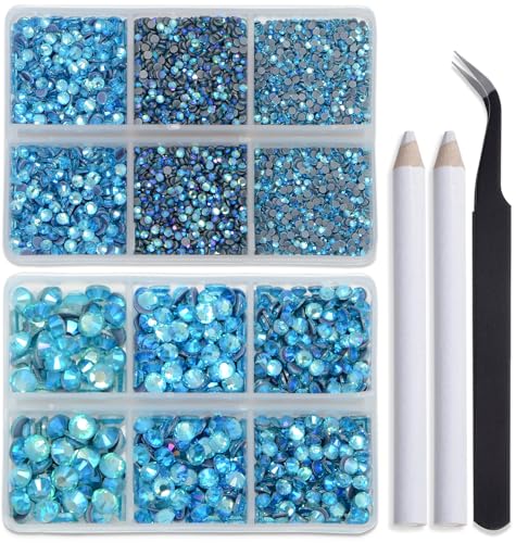 Image of Bymitel Hotfix Crystal Rhinestones Round Gems for Crafts,Mixed 6 Sizes with Wax Pencil Kit, Aquamarine AB 1.6-6.3mm SS4-SS30 /8000pcs