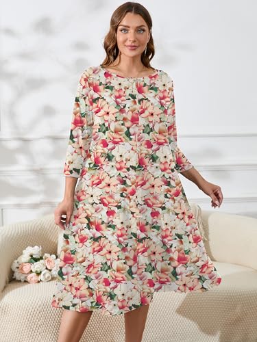 Image of AusLook Women's Plus Midi Dresses Crew Neck A Line 3 /4 Sleeves Casual Elegant Loose Wedding Vacation Dress with Pockets