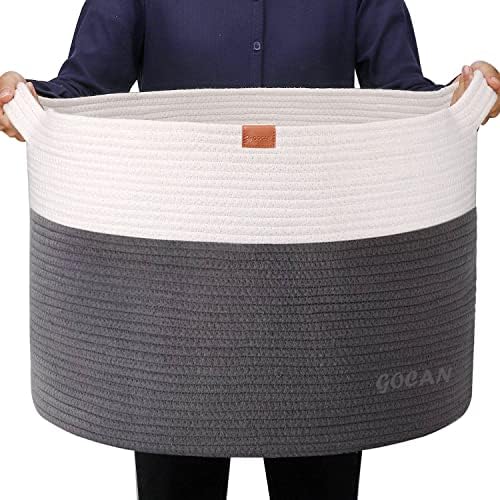 GOCAN Storage Baskets for Organizing D22"H14" Large blanket basket laundry basket Cotton Rope Woven Basket for toy towl in Living Room (Ltgrey/Beige)XXXL