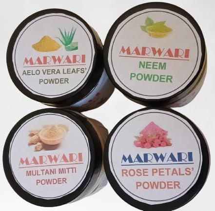 MARWARI COMBO OF Neem Leaves Powder, Aelo Vero Leaves Powder, Multani Mitti and Rose Petals Powder Combo for Skin, face, Hair Care, Mask, DIY | Men & Women | In Jar - 400gm (Gross 100gm X 4)