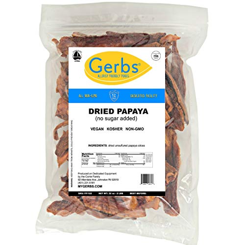 GERBS Dried Papaya Slices Unsweetened 2 LBS. | Freshly Dehydrated Resealable Bulk Bag | Top Food Allergy Free | Sulfur Dioxide Free |Improve vision, boost energy, reduce stress | Gluten & Peanut Free