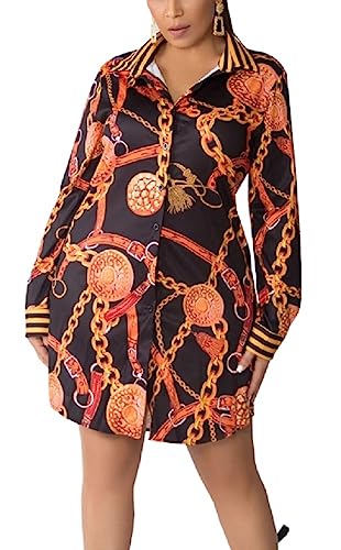 Image of Glozeplus Long Sleeve Button Down Collar Mini Shirt Dress for Women | Trendy script print shirt dress.The button-down front and collared V-neck create a chic.Perfect for office or casual dates.