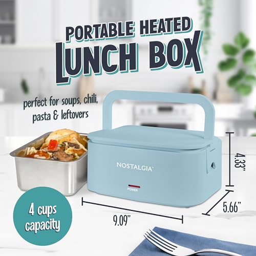 Nostalgia 32-Ounce Heated Electric Lunch Box – Travel Size 4 Cup Capacity for Soup, Pasta, and Leftovers – Leak-Proof Silicone Sealed Lid, Foldable Carry Handle, Detachable Cord – Chambray by Nostalgia - Image 2