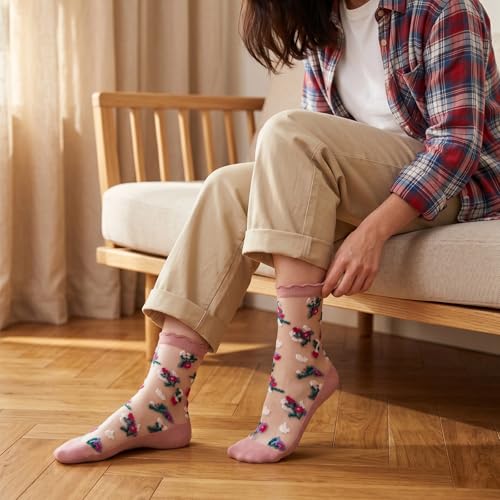 Image of 5 Pack Flower Sheer Socks for Women Ruffle Lace Ankle Socks