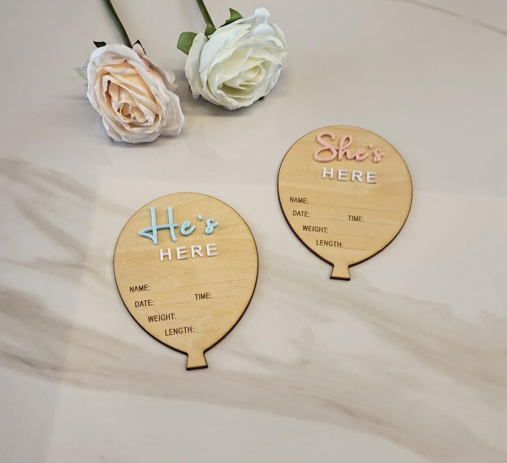 YongPan She’s Here or He's Here Newborn announcement,Wooden Balloon-Shaped Birth Stat Plaques,Baby Announcement Signs for Newborns (Hot Balloon)