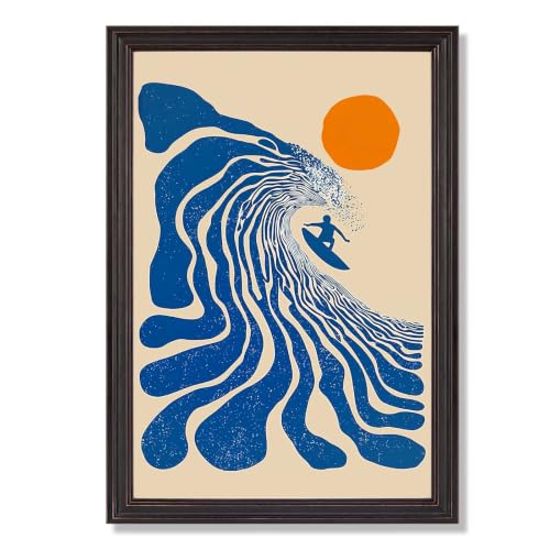 Black Framed Raised Surfer Wave Sun Poster Retro Beach Canvas