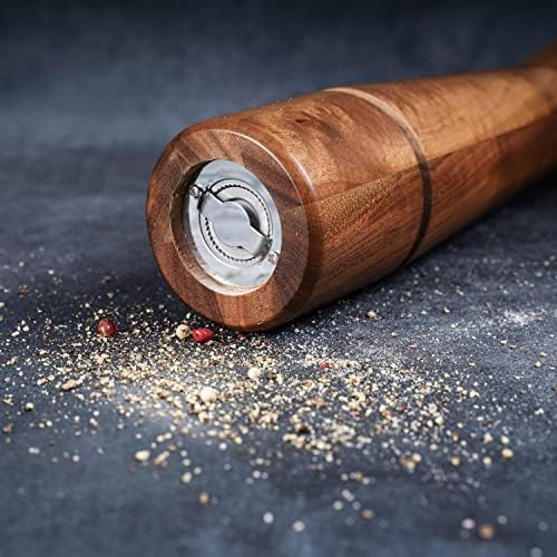 DeroTeno Pepper Grinder, Pepper Mill with Adjustable Stainless Steel, Acacia Wood, 27 cm Height, Bottom Dia: 6 cm, Upper Dia: 5.5 cm (Tray is NOT Included)