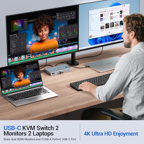 Image of USB C KVM Switch 2 Monitors 2 Laptops, 4K@60Hz USB C Dual Monitor KVM Switch for 2 laptops to Share 2 Monitor and 4 USB3.0 Devices, 80W PD Charging, Wired Remote and Cables Included