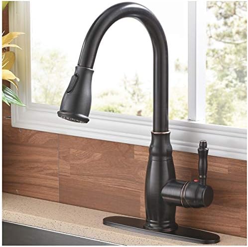 SHACO Antique Single Handle Pull Down Sprayer Oil Rubbed Bronze Kitchen Faucet, Farmhouse Kitchen Faucet Bronze with Deck Plate, Kitchen Faucets for Sink 3 Hole or Single Hole