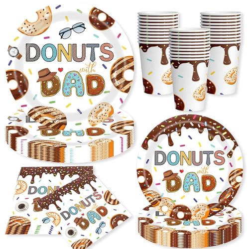 Fathers Day Party Supplies Disposable Donuts with Dad Tableware Set includes Paper Plates Napkins and Cups for Fathers Day Party Theme Decorations Supplies Serve 20