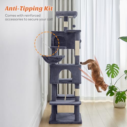 Image of Sweetcrispy 66 Inch Cat Tree Tower, Multi Level Cat Climbing Tower with Natural Sisal Scratching Posts, Hammock, Pet Condo for Indoor Cats and Kittens Play, Dark Grey