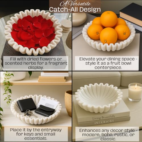 Image of SWADESHI BLESSINGS Handcrafted Marble Ruffle Urli Bowl for Home Decor | Traditional Decorative Bowl for Floating Flowers, Potpourri & Festive Decor Items | Pooja Decoration | Wedding /Return Gifts, 12 inch | 100% Real White Marble, Catchall Scalloped Fluted Decorative Bowl for Fruits, Coffee&Dining Table, Entryway Decor, Gift-Ready