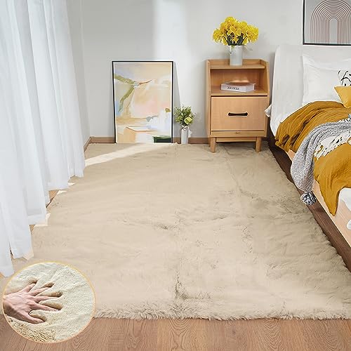 5x7 Area Rug Light Brown Beige Plush Shaggy Rugs for Bedroom Washable Faux Rabbit Fur Rug for Living Room Fluffy Large Nursery Rug Home Décor