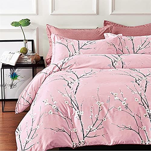 3 Pieces Double Floral Bedding Set with Zipper Closure Pink Plum Pattern Duvet Cover with 2 Pillowcases Soft Microfiber Duvet Cover Set 200x200cm