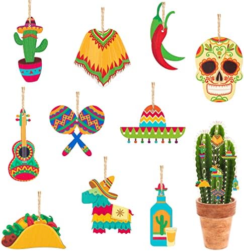 Haooryx 31Pcs Summer Fiesta Cinco De Mayo Wooden Ornaments Hanging Decoration Mexican Cactus Sombrero Guitar Pendants Tags Tree Decor for Taco Bout Twosday Tuesday Birthday Baby Shower Party Supplies