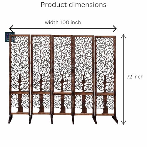 Image of Wooden Room Partition /Screen /Room Divider /Room Separator Traditional Handicrafts 6Ft (Dark Brown) (Tree 5 Panel with Stands)
