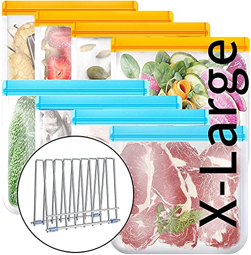 Reusable Gallon Bags with Drying Rack, 8 Pack Reusable Sandwich Bags, BPA Free Reusable Food Storage Bags, Silicone Freezer Bags, Reusable Lunch Bags for Meat, Fruit, Vegetables (8Pack +Drying Rack)