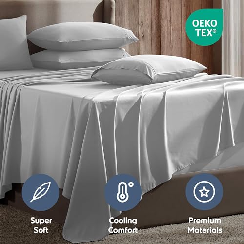 Image of Nestl Extra Deep Split King Sheet Set - 7 Piece Breathable & Cooling Sheets - Hotel Luxury Bedding Set w /18-24 Inch Deep Pockets - Easy & Secure Fit - Super Soft, Wrinkle Free & Comfy - Light Gray