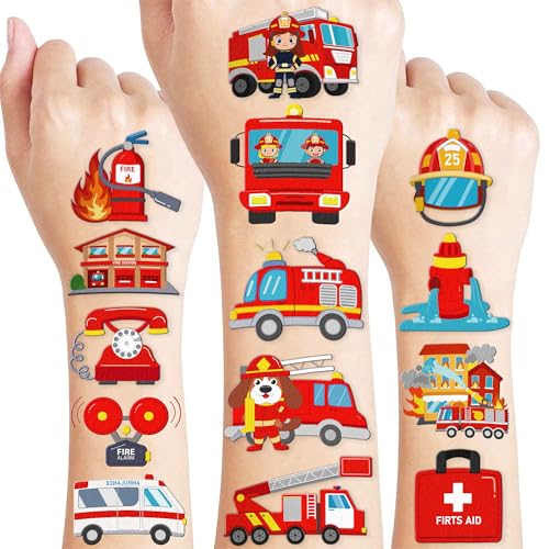 Image of 96 PCS Firefighter Firetruck Pre-Cut Temporary Tattoos for Kids | | Super Cute Themed Birthday Party Favors, Supplies, Decorations, Fake Tattoo Stickers Rewards & Gifts For Boys & Girls