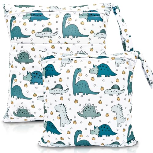 HOTLIKE Bolsa de Pañales, 2PCS Bolsa Impermeable Reutilizable para Bebe, Ropa Seca y Húmeda Organizador de Pañales, Wetbag Lavable Neceser para Viaje Playa Deporte Guardería Merienda (Dinosaurio)