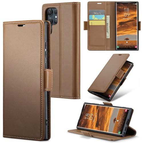 Étui portefeuille à rabat en cuir pour Samsung S25 Ultra et Note 10 marron clair