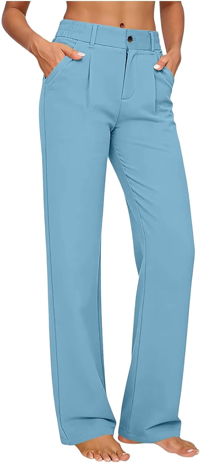 Straight Leg Dress Pants for Women Stretchy Work Office Pants Pull on High Waist Business Casual Slacks with Pockets